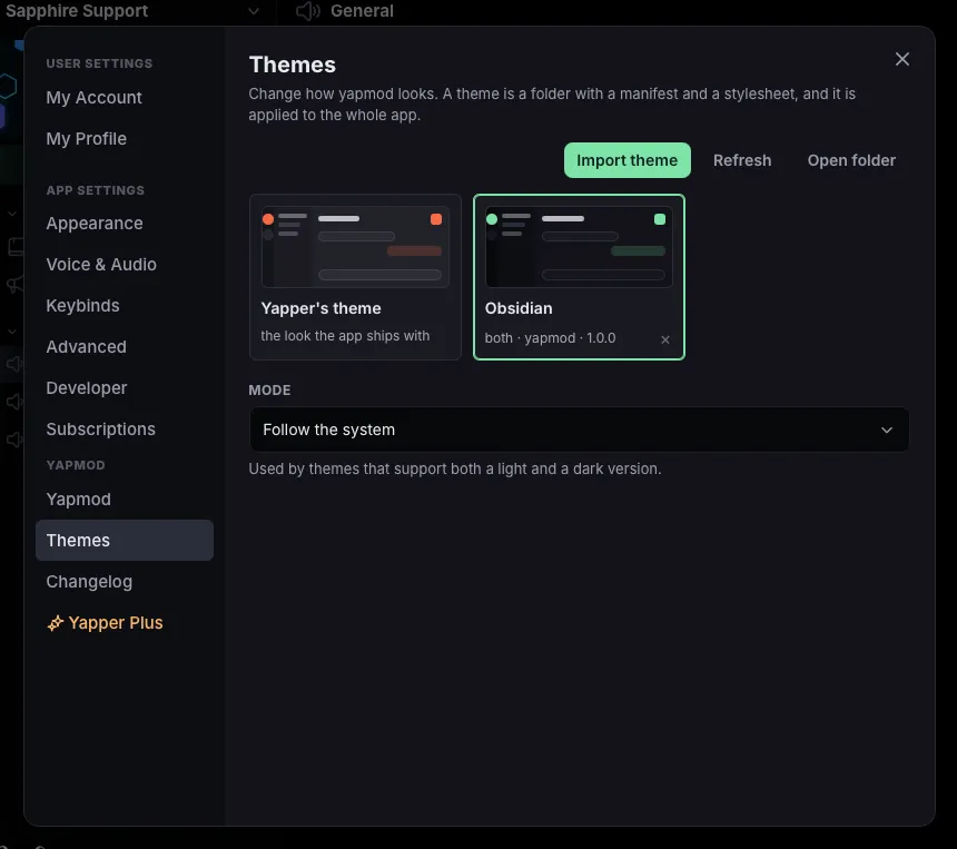 The Themes settings, showing the theme gallery and controls